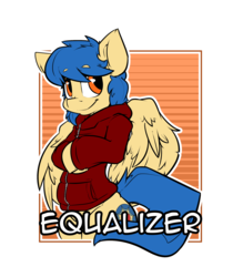 Size: 2100x2400 | Tagged: safe, artist:bbsartboutique, oc, oc only, oc:equalizer, pegasus, pony, badge, clothes, con badge, high res, hoodie, male, solo, stallion