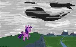 Size: 1602x1004 | Tagged: safe, artist:amateur-draw, twilight sparkle, alicorn, pony, g4, cliff, female, missing cutie mark, monster, ms paint, scenery, solo, twilight sparkle (alicorn)