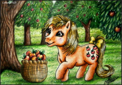 Size: 1067x747 | Tagged: safe, artist:lolliangel123, applejack (g1), g1, apple, apple tree, basket, female, food, solo, traditional art