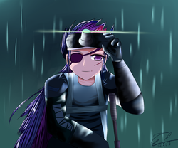 Size: 3000x2500 | Tagged: safe, artist:nekodawnlight, twilight sparkle, human, g4, big boss, crossover, female, future twilight, high res, humanized, metal gear, metal gear solid, metal gear solid 5, pony coloring, rain, solid snake, solid sparkle, solo