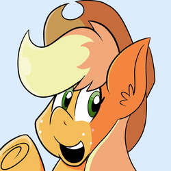 Size: 576x576 | Tagged: safe, artist:pembroke, applejack, earth pony, pony, g4, bust, female, looking at you, open mouth, portrait, simple background, smiling, solo