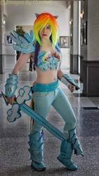 Size: 480x852 | Tagged: safe, artist:badwolfwilliams, rainbow dash, human, g4, armor, belly button, belly piercing, bellyring, clothes, cosplay, costume, gauntlet, irl, irl human, midriff, photo, piercing, solo, sword, unconvincing armor, weapon