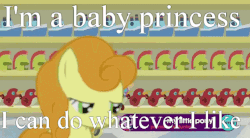 Size: 843x467 | Tagged: safe, edit, edited screencap, screencap, carrot top, cherry berry, golden harvest, princess flurry heart, earth pony, pegasus, pony, a flurry of emotions, g4, animated, cute, eyes closed, female, flurrybetes, foal, frown, gif, image macro, looking back, mare, meme, open mouth, race swap, shopping cart, smiling, supermarket
