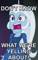 Size: 452x714 | Tagged: safe, edit, edited screencap, screencap, trixie, equestria girls, g4, rainbow rocks, anchorman, angry, cropped, fall formal outfits, female, image macro, loud noises, meme, open mouth, screaming, solo, trixie yells at everything, yelling
