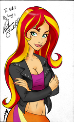 Size: 1531x2521 | Tagged: safe, artist:nicole gauss, sunset shimmer, equestria girls, g4, autograph, belly, belly button, breasts, cleavage, clothes, colored, female, jacket, leather jacket, looking at you, midriff, rebecca shoichet, sketch