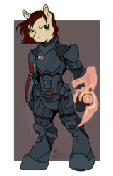 Size: 639x1000 | Tagged: safe, artist:rottingroot, pony, armor, bipedal, commander shepard, femshep, mass effect, n7 armor, omni-blade, omni-tool, ponified, solo
