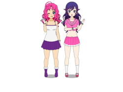 Size: 2000x1500 | Tagged: safe, artist:php45, pinkie pie, rarity, human, g4, belly button, boots, bra strap, clothes, clothes swap, cute, humanized, kisekae, mary janes, midriff, pleated skirt, shoes, skirt, socks