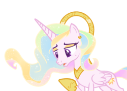 Size: 1208x859 | Tagged: safe, artist:lunarartista, princess celestia, alicorn, pony, dancerverse, g4, alternate design, alternate hairstyle, alternate universe, ear piercing, earring, eyeshadow, female, frown, halo, jewelry, lidded eyes, looking down, makeup, mare, open mouth, peytral, piercing, simple background, solo, transparent background