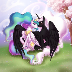 Size: 700x700 | Tagged: safe, artist:shinepawpony, princess celestia, oc, alicorn, pony, g4, alicorn oc, blushing, canon x oc, crown, donut steel, eye contact, female, hug, jewelry, looking at each other, male, mare, necklace, raised hoof, regalia, shipping, sitting, spread wings, stallicorn, stallion, straight, winghug, wings