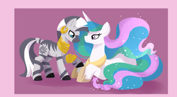 Size: 5456x3000 | Tagged: safe, artist:peachplumeria, princess celestia, zecora, alicorn, pony, zebra, g4, absurd resolution, female, jewelry, lesbian, looking at each other, mare, necklace, prone, raised hoof, ship:zelestia, shipping, simple background