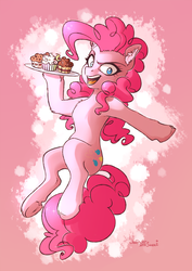 Size: 1725x2431 | Tagged: safe, artist:lavendersweet69, pinkie pie, earth pony, pony, g4, cupcake, female, food, hoof hold, solo, tray