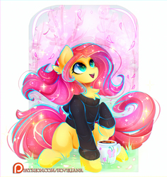 Size: 1731x1830 | Tagged: safe, artist:koveliana, fluttershy, pegasus, pony, g4, chest fluff, clothes, coffee, female, mare, mug, open mouth, patreon, patreon logo, sitting, solo, sparkling