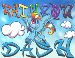Size: 3300x2550 | Tagged: safe, artist:sirdeeviant, rainbow dash, g4, cloud, female, high res, poster, solo, text