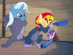 Size: 500x375 | Tagged: safe, artist:artattax, edit, edited screencap, screencap, starlight glimmer, sunset shimmer, trixie, cat, dog, mouse, pony, unicorn, g4, angry, animated, baseball bat, bonk, bulldog, cartoon violence, counterparts, eyes closed, female, fight, frame by frame, frown, frying pan, funny, funny as hell, gif, glare, hitting, jerry mouse, lead pipe, magical trio, mare, metaphor, metaphor gif, open mouth, slapstick, spike bulldog, the truce hurts, tom and jerry, tom cat, trio, trio female, twilight's counterparts, violence, wat, weapon