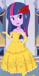 Size: 863x1656 | Tagged: safe, artist:glittertiara, twilight sparkle, equestria girls, g4, beauty and the beast, belle, clothes, cosplay, costume, crossover, disney, dress, female, flower, flower in hair, solo