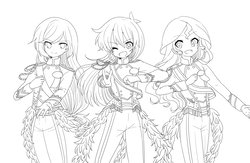 Size: 2023x1317 | Tagged: safe, artist:lotte, applejack, rainbow dash, sunset shimmer, equestria girls, g4, crossdressing, idolmaster, looking at you, monochrome, sidem, sketch, the idolm@ster: sidem, wip