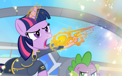 Size: 1000x623 | Tagged: safe, artist:pixelkitties, spike, twilight sparkle, dragon, g4, clothes, mass effect, omni-blade, omni-tool