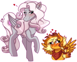 Size: 1482x1185 | Tagged: safe, artist:artistcoolpony, artist:monnarcha, oc, oc only, oc:autumn apple, oc:orchidea, pegasus, pony, blushing, duo, female, heart, lesbian, lidded eyes, mare, oc x oc, shipping, simple background, transparent background