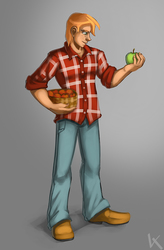 Size: 656x1000 | Tagged: safe, artist:lexx2dot0, big macintosh, human, g4, apple, clothes, food, gradient background, humanized, jeans, male, pants, plaid shirt, shoes, smiling, solo