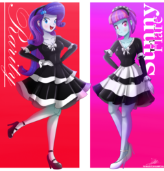 Size: 2004x2096 | Tagged: safe, artist:the-butch-x, rarity, sunny flare, equestria girls, g4, clothes, clothes swap, commission, cute, female, hand on hip, high heels, high res, latex, looking at you, maid, matching outfits, open mouth, raised leg, shoes