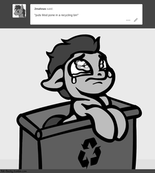 Size: 1280x1420 | Tagged: safe, artist:slavedemorto, oc, oc only, oc:modpone, ask, crying, hello darkness my old friend, monochrome, recycle bin, sad, solo, tumblr