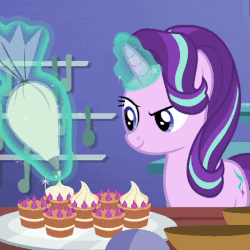 Size: 512x512 | Tagged: safe, screencap, starlight glimmer, pony, unicorn, all bottled up, g4, season 7, animated, blinking, concentrating, cropped, cupcake, cute, female, food, gif, glimmerbetes, happy, icing bag, magic, solo, teacakes, telekinesis