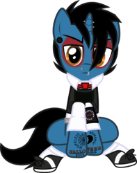 Size: 819x1040 | Tagged: safe, artist:lightningbolt, derpibooru exclusive, pony, unicorn, g4, .svg available, armband, belt, clothes, ear piercing, emo, eyeshadow, frank iero, frown, gauges, hair over one eye, horn, horn piercing, lip piercing, looking at you, makeup, male, my chemical romance, necktie, nose piercing, piercing, ponified, rolled up sleeves, shirt, shoes, show accurate, simple background, sitting, socks, solo, stallion, svg, tattoo, three cheers for sweet revenge, transparent background, undershirt, vector, vest