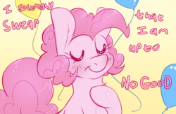 Size: 4000x2600 | Tagged: safe, artist:fluffyxai, pinkie pie, earth pony, pony, g4, balloon, colored sketch, eyes closed, female, harry potter (series), hoof on chest, joke, mare, pledge, reference, silly, silly pony, smiling, solo, text, up to no good