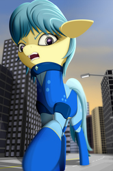 Size: 1980x3000 | Tagged: safe, artist:styroponyworks, oc, oc only, oc:ultramare, earth pony, pony, 3d, annoyed, blender, building, city, clothes, female, giant pony, looking at you, looking down, macro, mixed media, open mouth, solo