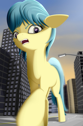 Size: 1983x3000 | Tagged: safe, artist:styroponyworks, derpibooru exclusive, oc, oc only, oc:ultramare, earth pony, pony, 3d, blender, city, giant pony, looking at you, macro, missing accessory, mixed media, solo, street