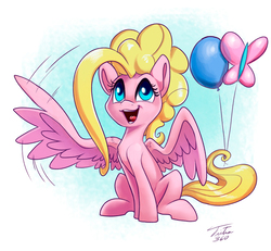 Size: 900x833 | Tagged: safe, artist:tsitra360, fluttershy, pinkie pie, pegasus, pony, g4, balloon, female, fusion, mare, open mouth, prehensile tail, simple background, sitting, solo, tongue out