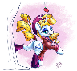 Size: 900x833 | Tagged: safe, artist:tsitra360, applejack, rarity, pony, unicorn, g4, apple, applebucking, boots, butt, clothes, female, food, fusion, horseshoes, jacket, looking at you, mare, plot, solo, tail wrap