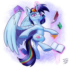 Size: 900x833 | Tagged: safe, artist:tsitra360, rainbow dash, twilight sparkle, alicorn, pony, g4, book, female, fusion, levitation, looking at you, looking down, magic, solo, telekinesis, twilight sparkle (alicorn)