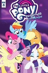 Size: 1054x1600 | Tagged: safe, artist:trish forstner, idw, applejack, fluttershy, pinkie pie, rainbow dash, rarity, twilight sparkle, alicorn, pony, g4, legends of magic #4, my little pony: legends of magic, spoiler:comic, cover, cute, eyes closed, hug, mane six, twilight sparkle (alicorn)