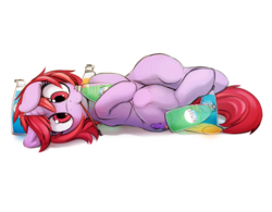 Size: 2086x1624 | Tagged: safe, artist:dawnfire, artist:dimfann, oc, oc only, oc:dawnfire, pony, unicorn, bottle, cutie mark, dawn (soap), female, holding, hooves to the chest, looking at you, mare, mouth hold, on back, on side, paintbrush, simple background, soap, solo, white background