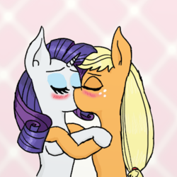 Size: 350x350 | Tagged: safe, artist:eulicious, applejack, rarity, earth pony, pony, unicorn, g4, abstract background, blushing, duo, female, kissing, lesbian, mare, ship:rarijack, shipping