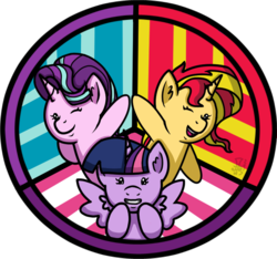Size: 817x765 | Tagged: safe, artist:mangameister, starlight glimmer, sunset shimmer, twilight sparkle, alicorn, pony, unicorn, g4, counterparts, cute, female, glimmerbetes, looking at you, magical trio, mare, one eye closed, puppet, shimmerbetes, simple background, spread wings, transparent background, twiabetes, twilight sparkle (alicorn), twilight's counterparts, wings, wink