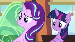 Size: 1280x720 | Tagged: safe, screencap, starlight glimmer, twilight sparkle, alicorn, pony, g4, the times they are a changeling, duo, duo female, female, twilight sparkle (alicorn)