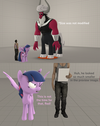 Size: 1710x2160 | Tagged: safe, artist:red4567, lord tirek, twilight sparkle, alicorn, centaur, human, g4, 3d, angry, dialogue, paper, size comparison, size difference, source filmmaker, stage, test, twilight sparkle (alicorn)