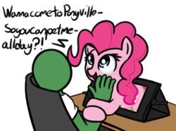 Size: 949x705 | Tagged: safe, artist:neuro, pinkie pie, oc, oc:anon, earth pony, human, pony, g4, computer, dialogue, female, fourth wall, imminent petting, male, mare, portal to equestria, simple background, transparent background