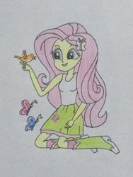 Size: 1024x1365 | Tagged: safe, artist:don2602, fluttershy, bird, butterfly, human, equestria girls, g4, animal, boots, clothes, cute, female, high heel boots, skirt, socks, solo, tank top, traditional art