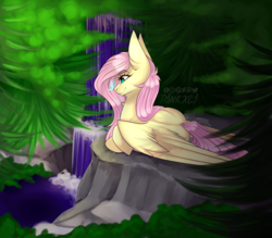 Size: 1280x1120 | Tagged: safe, artist:pinkxei, fluttershy, butterfly, pegasus, pony, g4, female, forest, mare, prone, scenery, signature, smiling, solo, tree, waterfall