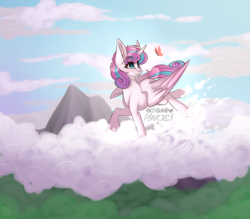 Size: 1280x1120 | Tagged: safe, artist:pinkxei, princess flurry heart, alicorn, butterfly, pony, g4, cloud, colored wings, female, mare, mountain, multicolored wings, older, sky, smiling, solo