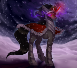 Size: 1280x1120 | Tagged: dead source, safe, artist:pinkxei, king sombra, pony, unicorn, g4, cape, clothes, dark magic, fangs, glowing horn, horn, looking back, magic, male, snow, snowfall, solo, sombra eyes, stallion