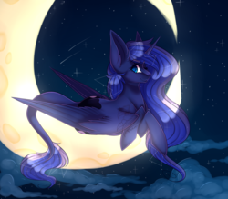 Size: 1280x1120 | Tagged: safe, artist:pinkxei, princess luna, alicorn, pony, g4, cloud, crescent moon, female, looking at you, mare, missing accessory, moon, night, prone, smiling, solo, stars, tangible heavenly object, transparent moon, watermark