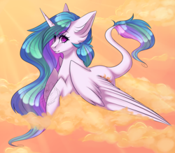 Size: 1280x1120 | Tagged: safe, artist:pinkxei, princess celestia, alicorn, pony, g4, cloud, cute, cutelestia, ear fluff, eyebrows, eyebrows visible through hair, female, leonine tail, looking at you, mare, missing accessory, on a cloud, prone, smiling, solo