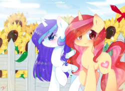 Size: 2453x1790 | Tagged: safe, artist:windymils, oc, oc only, oc:pretty shine, oc:windy cloud, pony, unicorn, duo, fence, hair over one eye, looking at you, raised hoof, sky, smiling, sunflower