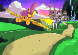 Size: 1280x905 | Tagged: safe, artist:crystalleye, scootaloo, g4, canterlot, female, flying, scootaloo can fly, solo, sunset