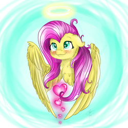 Size: 1024x1024 | Tagged: safe, artist:crystalleye, fluttershy, angel, g4, blushing, bust, cute, female, fluttershy the angel, halo, heart, portrait, shyabetes, smiling, solo, watermark