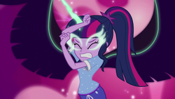 Size: 1280x720 | Tagged: safe, screencap, sci-twi, twilight sparkle, equestria girls, g4, my little pony equestria girls: legend of everfree, clothes, eyes closed, female, midnight sparkle, nightmare, pajamas, possessed, possession, solo, wings